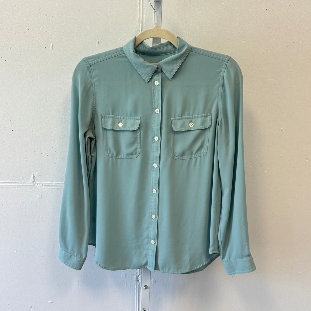 LOFT Petites Seafoam Green Utility Button Down Blouse Shirt Casual Lightweight